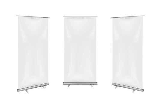 Blank white roll-up retractable banner stand. Front and half-turned. Isolated mockup set. Pull-up roller standee. Realistic vector mock-up. Kakemono advertising display stand. Template for design