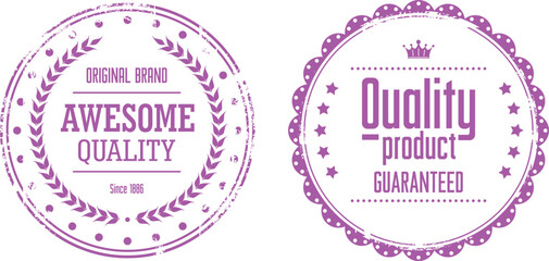 Two purple circular stamps with the words awesome quality and quality product guaranteed