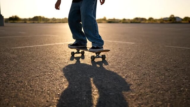 Skateboarder balancing on a skateboard in an empty parking lot during sunset, casting long shadows. The scene captures motion and sunlight, emphasizing urban leisure and tranquility.