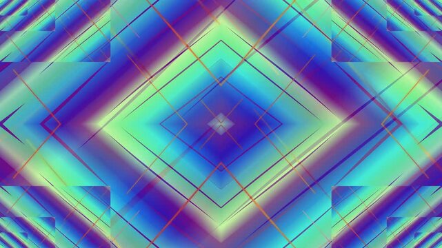 Symmetrical geometric pattern with blended gradients of blue, purple, and green, featuring thin orange lines