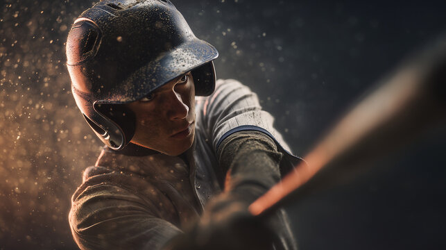 young baseball player making powerful bat contact during evening game, determined little league athlete swinging bat under stadium lights, cinematic action shot of youth baseball player at night