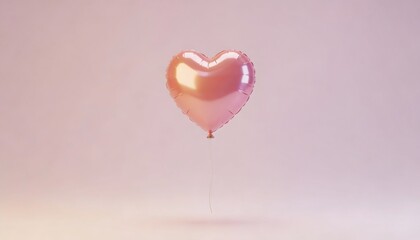 Heart shaped metallic pink balloon floating on a soft pink background. Valentine's Day celebration concept. Minimalist rose gold heart balloon with copy space for text