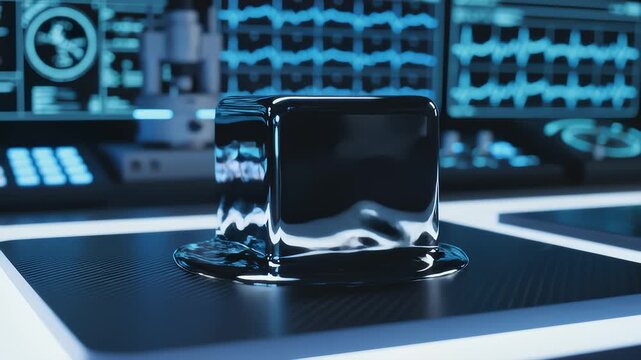 Fluid Metallic Substance Forms Cube Shape On Futuristic Lab Table