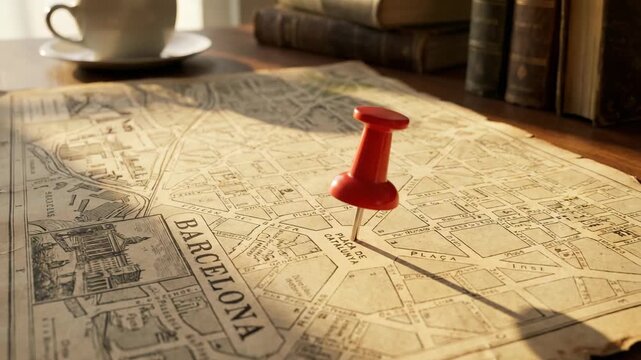 push pin on barcelona city spain vintage map video