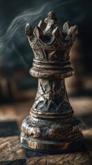 Antique Wooden Chess Queen Piece on Vintage Board with Ethereal Smoke and Cinematic Lighting