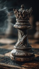 Antique Wooden Chess Queen Piece on Vintage Board with Ethereal Smoke and Cinematic Lighting