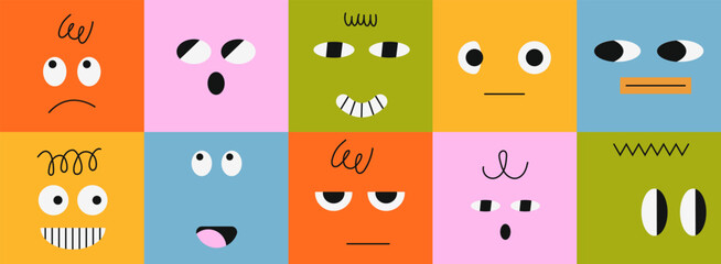 Seamless pattern with cute abstract faces showing a range of emotions. Colorful emotional scale concept for emotional intelligence, kids education, mood charts and playful background design.