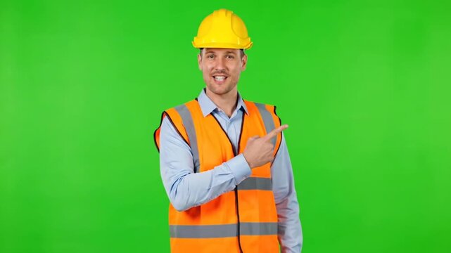 Construction Worker Gestures on Green Screen.