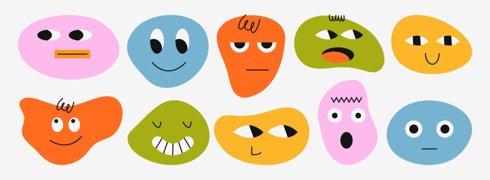 Colorful vector set of abstract face characters showing different emotions and facial expressions. Mood diversity and emotional intelligence concept for education, psychology and creative design proje