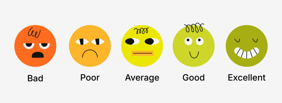 Vector emotion rating scale with abstract face characters ranging from bad to excellent.  Ideal for customer satisfaction surveys, UX rating systems, education materials and psychology projects.