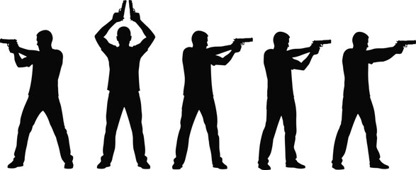 Man silhouette holding handgun set, male shooter in various shooting stances with pistol, firearms training and personal self defense weapon collection. (20 words) © Md