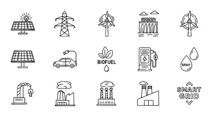 Fototapeta premium Renewable Power Technology Icons – Editable Stroke Vector Set
