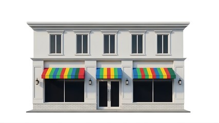 A white building with rainbow awnings on transparent background