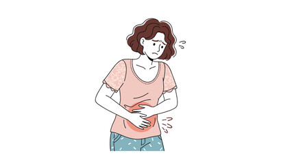 Obraz premium A vector illustration of a young woman suffering from abdominal pain or menstrual cramps, holding her stomach in discomfort.