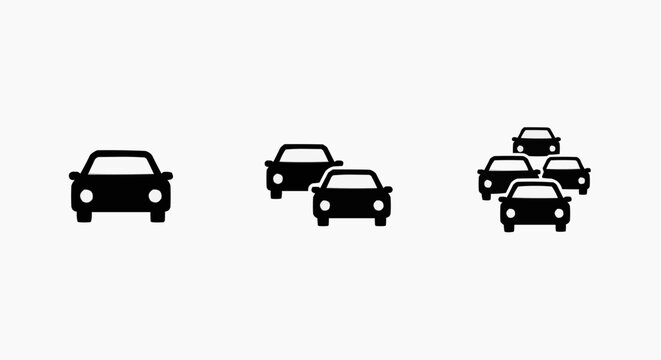 Car traffic jam and congestion icon set, frontal view automobile silhouettes, urban transport symbols isolated on white.