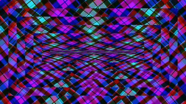 Vibrant abstract moire pattern with diamond shapes in deep blues, purples, and reds