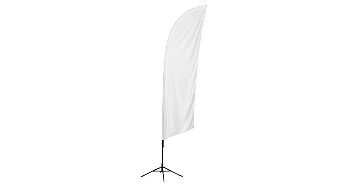 White feather flag on tripod stand, ready for custom branding and advertising