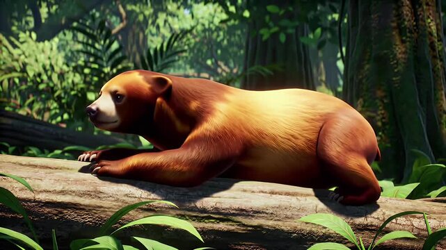 A curious sun bear rests on a mossy log in a lush tropical rainforest bathed in dappled light a heartwarming wildlife portrait showcasing nature s beauty and tranquility