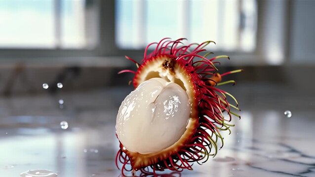 Fresh Rambutan Fruit with Juicy White Flesh and Red Spiky Skin on a Marbled Surface