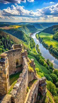 Ruins of old fortifications and walls surrounding a scenic river valley