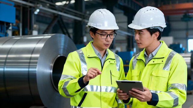 two workers in hard hats checking production data video