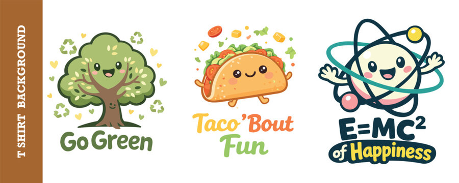 Cute and colorful cartoon illustrations featuring a happy tree with ecofriendly theme a cheerful taco and a smiling atom character for fun lifestyle and science concepts