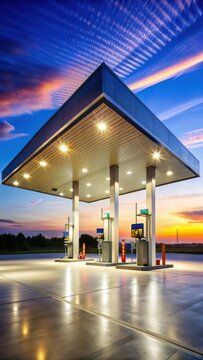 Evening scene at a modern gas station with fuel pumps