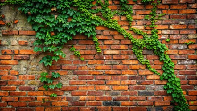 Distressed red brick wall with vines and moss growth