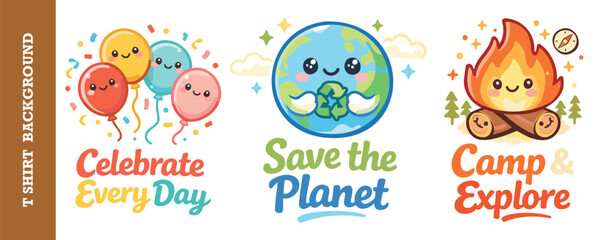 Cute and colorful illustrated tshirt design collection featuring celebration balloons earth conservation and camping themes © jubayer95