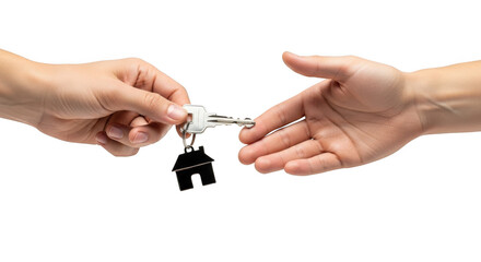 Hands Exchanging House Key with Keychain, Symbolizing Home Ownership or Property Sale