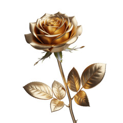 Golden rose with leaves and stem flower isolated on a transparent background