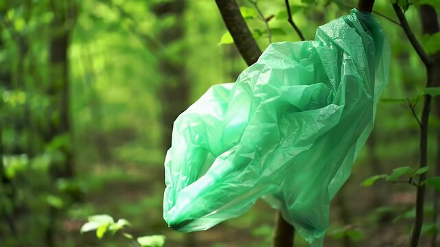 A single plastic bag caught on a branch in a lush green forest symbolizing environmental pollution and the urgent need for sustainability and responsible waste management