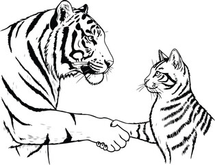 Obraz premium Friendly greeting between a large tiger and a small cat, shaking hands in a black and white line art illustration