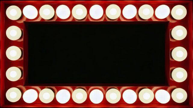 vintage red marquee frame with glowing bulbs isolated on black background lights on and off video
