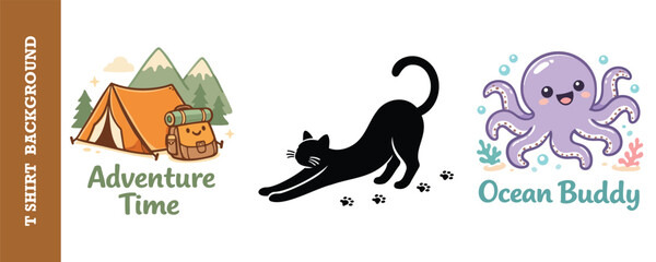 Cute and playful tshirt design elements featuring camping adventure theme octopus buddy and stretching cat illustration © jubayer95