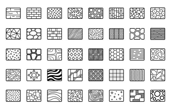 Seamless architectural texture patterns and geometric surface finishes for interior design mapping. Monoline technical hatching and masonry material symbols.