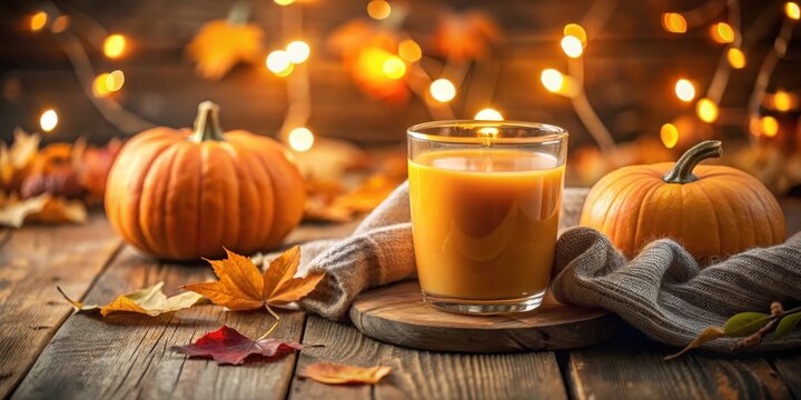 Warmly glowing pumpkin juice tumbler sitting alone on a wooden table in a cozy autumnal atmosphere