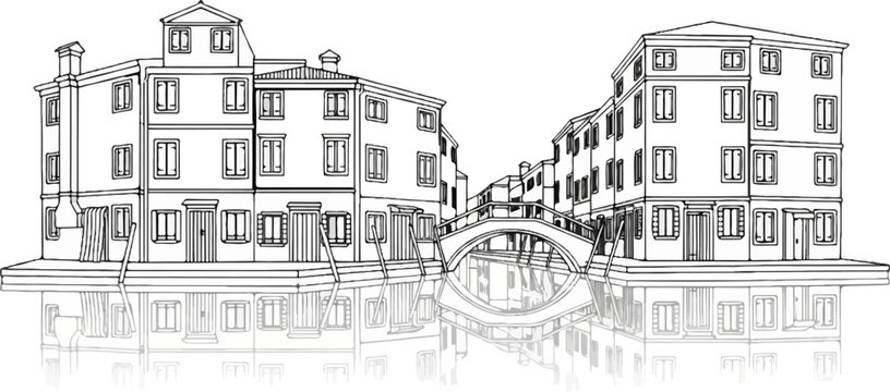 Sketch of Venetian buildings with bridge over canal reflection
