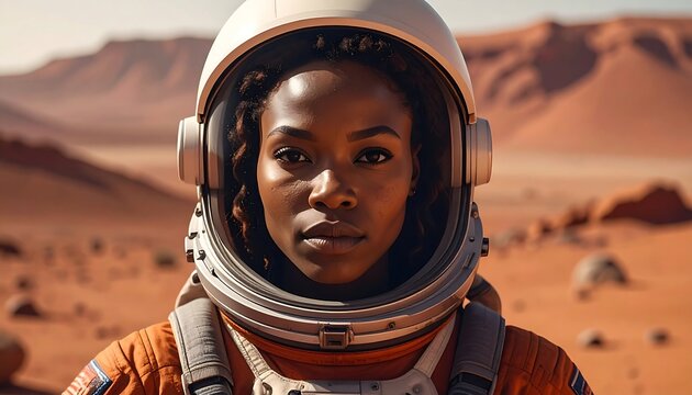 A female astronaut in a spacesuit on a red planet