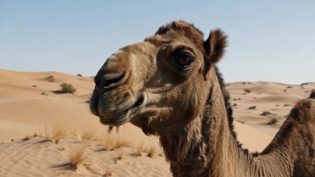 Brown camel standing in desert sand.