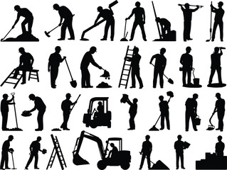 Construction worker silhouettes, industrial labor tools, shovel and pickaxe illustration, wheelbarrow and ladder art, blueprint design, workforce diversity concept © MdAminur
