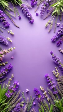 Majestic lavender background with scattered flowers and greenery