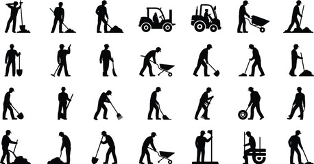 Construction worker silhouettes, manual labor tools, jackhammer and shovel illustration, wheelbarrow and ladder art, building site concept, industrial workforce design © MdAminur