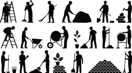 Worker silhouettes, construction and gardening illustration, ladder and rake art, shovel and wheelbarrow design, landscaping labor concept, workforce representation © MdAminur