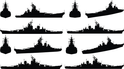 Collection of detailed battleship silhouettes isolated on white background, military navy warships, cruisers and destroyers for maritime defense design and naval warfare concepts © Mostofa