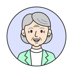 Obraz premium Elderly woman smiling wearing pastel green jacket and white shirt inside a light blue circle