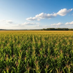 Lush Cornfield Under a Bright Blue Sky with Clouds.