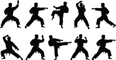 Karate martial arts silhouette set with male fighter in various fighting poses isolated on white background, dynamic combat stances for sports and training design © Mostofa