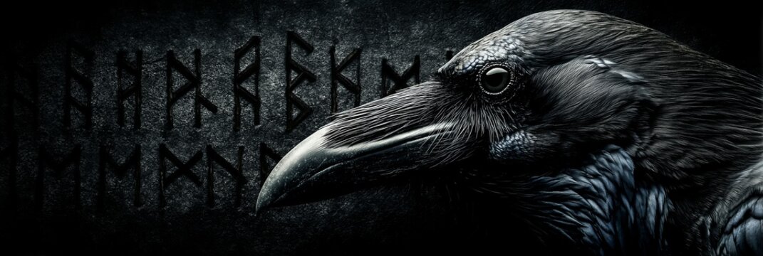 A black raven is depicted in profile against a wall of ancient runic symbols. The dark, moody lighting emphasizes the bird's sharp beak and feathers. wisdom, dark scandinavian folklore.