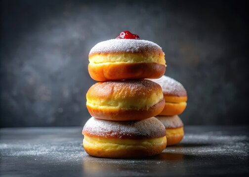 A colorful stack of three sufganiyot donuts with jelly on a dark black background